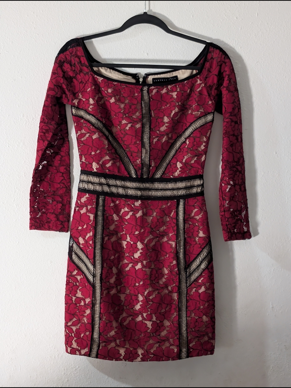 Endless Rose Red Lace Long Sleeve Sheath Dress with Black Trim